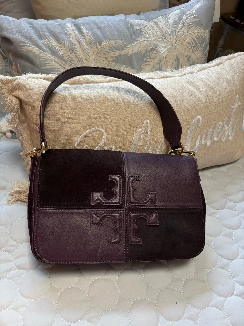 Tory Burch Plum Leather and Suede Shoulder Bag